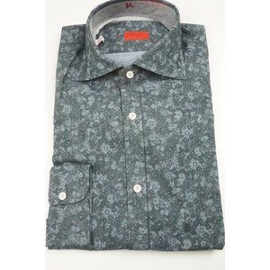 Isaia Muted Denim Blue Floral Long Sleeve Cotton Dress Shirt 15.5/39 NEW